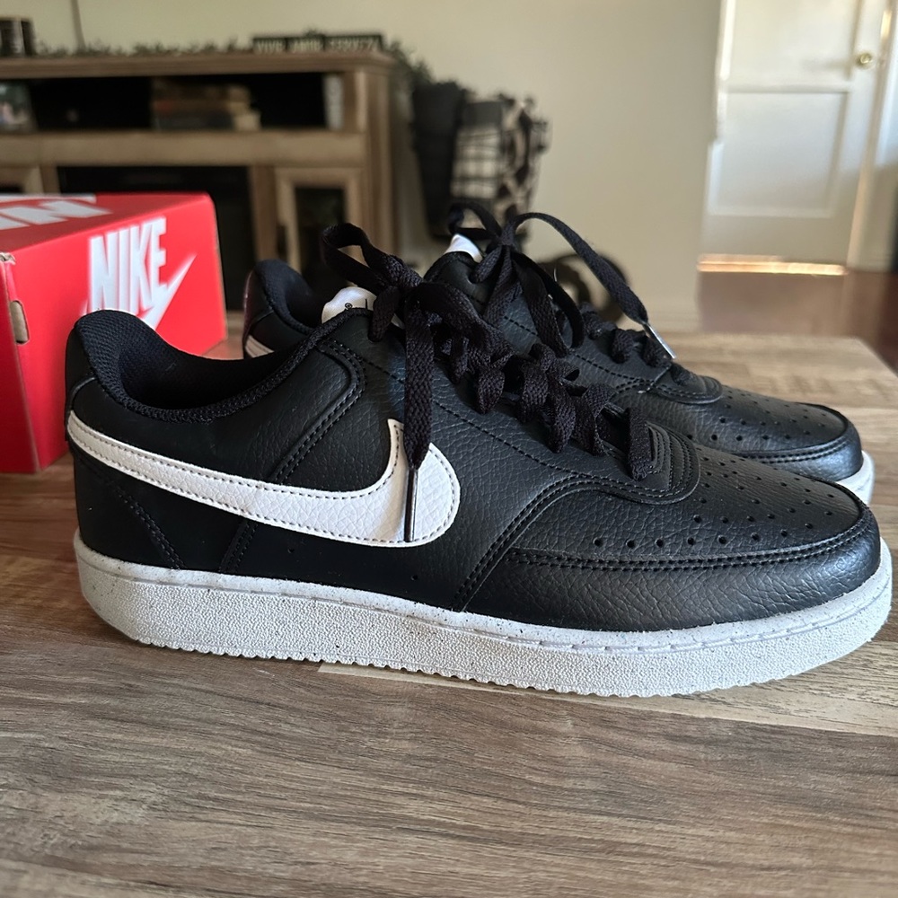 Nike Court Vision Low Shoes- Black and White swoosh 7W